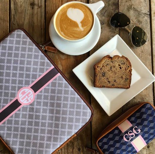 Gray monogrammed laptop sleeve coffee break