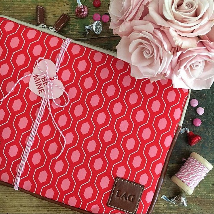 Red patterned monogrammed laptop sleeve valentines setup