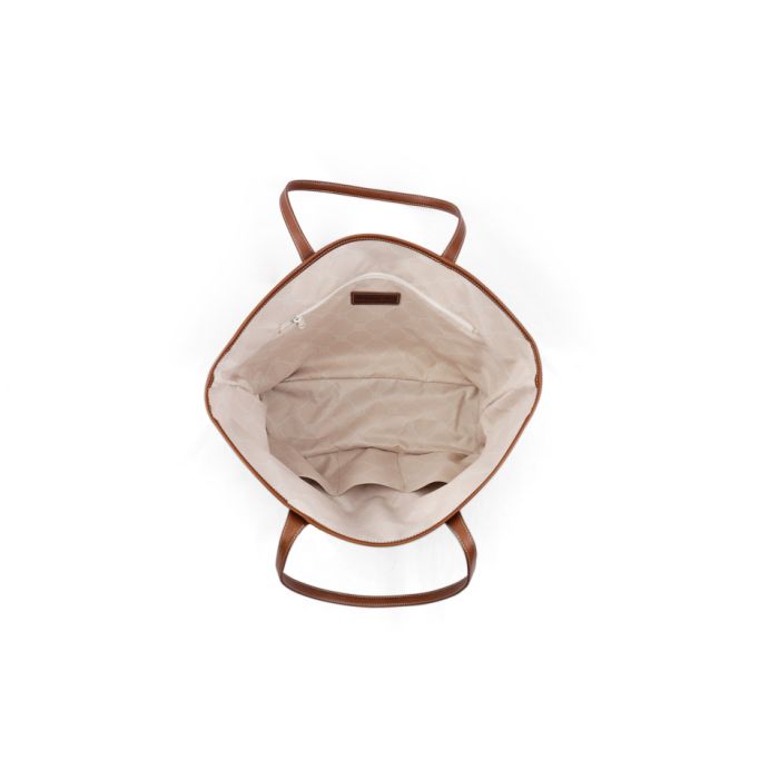 the inside of the monogram tote shows all of the room and the zippered pouch as well as the leather trim.
