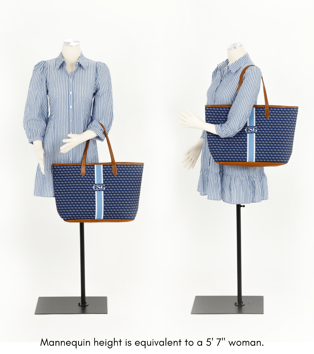 comparison of the monogram tote shows the initials to a mannequin that is equivalent to a 5'7 woman.